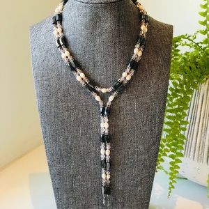 Hematite necklace with blush pearls and crystals